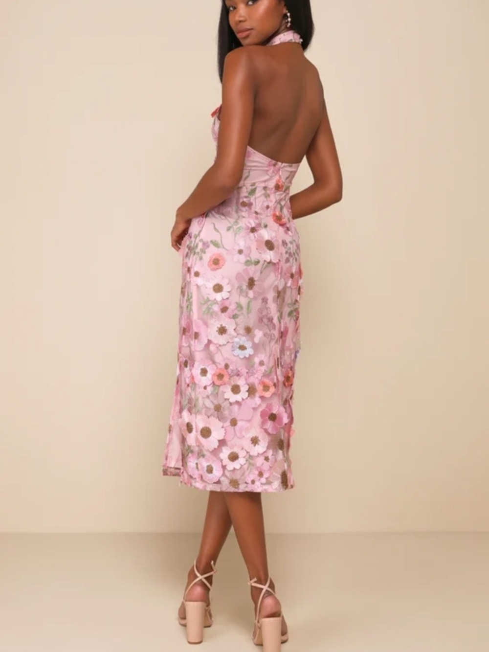 Lulus Pink 3D Floral Embroidered Halter Midi Dress BRAND NEW. NWT. - Picture 3 of 9